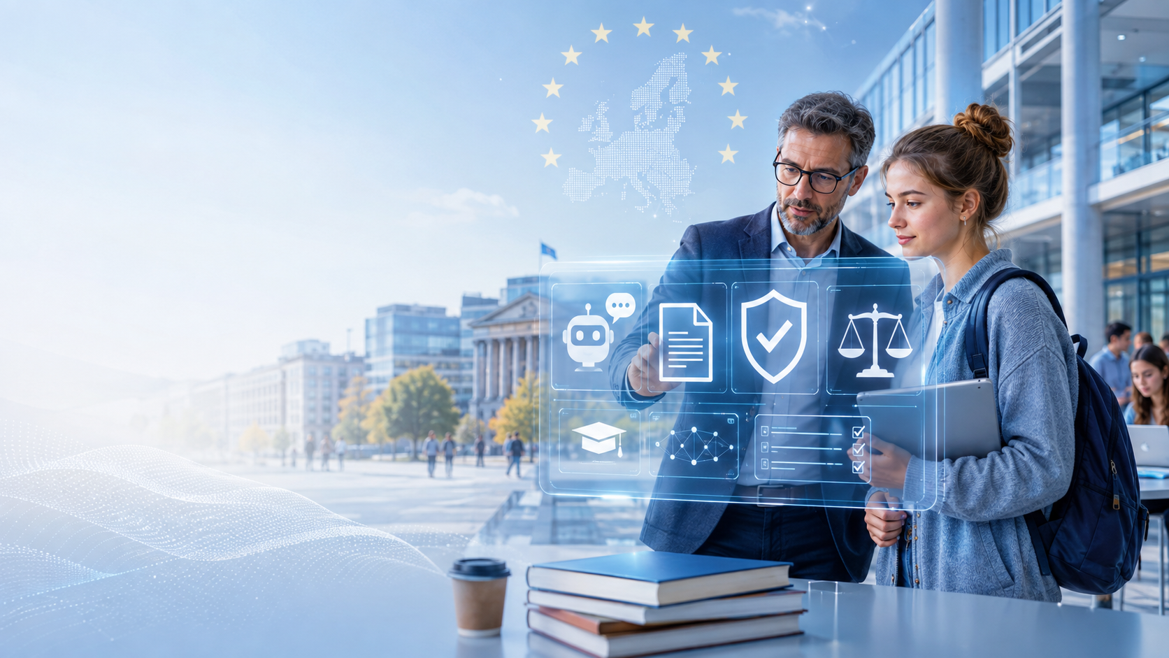 Lehrender und Studierende betrachten digitale KI-Symbole mit EU-Karte im Hintergrund – EU AI Act und Hochschulen